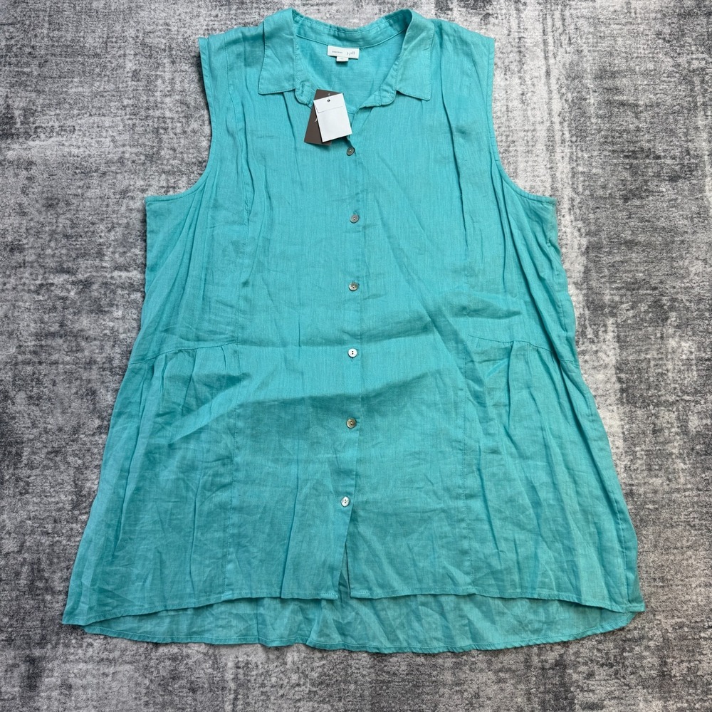 J Jill Top Womens XL Capri Blue Love Linen Tunic Sleeveless Button Up Shirt NEW